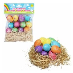 Decorated Glitter Easter Eggs and Grass 12 Pk