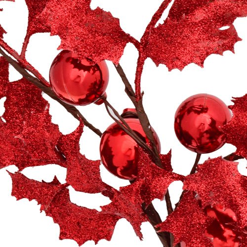 Christmas Glitter Holly And Baubles Decorative Stem Assorted Colours