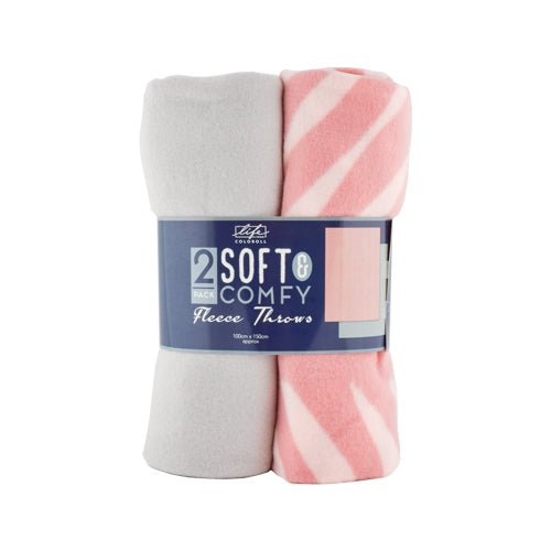 Coloroll Pink Stripe & Grey Fleece Throws 100 x 150cm 2Pk