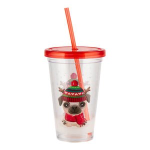 Kids Christmas Pug Drinking Cup With Straw