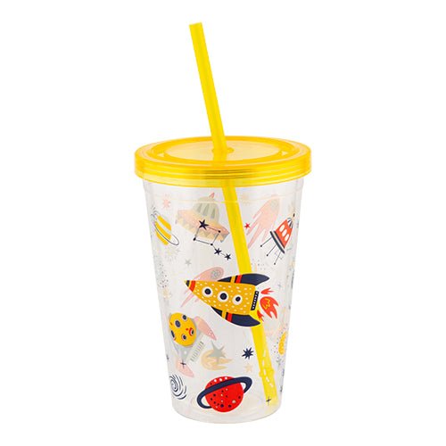 Space Themed Plastic Drinking Cup With Straw Assorted Colours