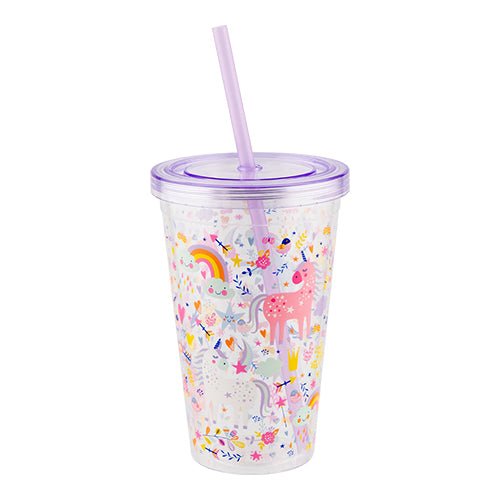 Unicorn Print Drinking Cup With Straw