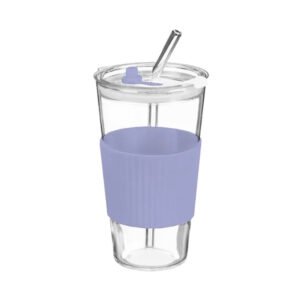 Glass Cup With Ribbed Sleeve and Straw 450ml Assorted Colours