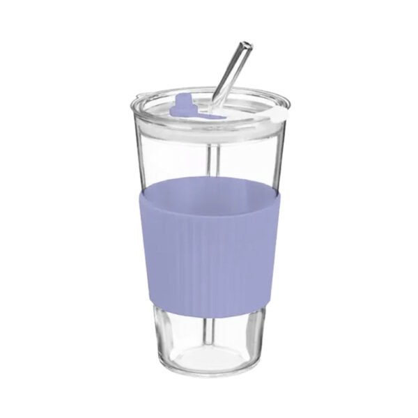 Glass Cup With Ribbed Sleeve and Straw 450ml Assorted Colours