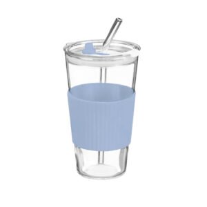 Glass Cup With Ribbed Sleeve and Straw 450ml Assorted Colours