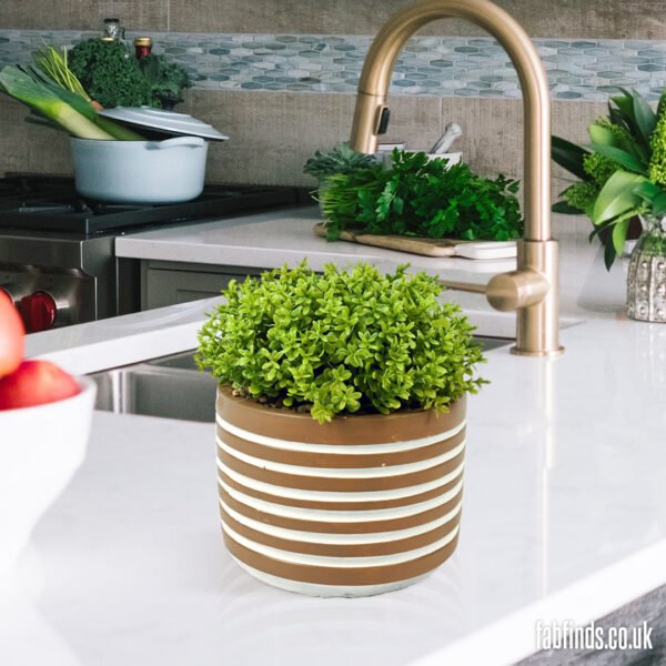 Brown Trendy Striped Pot Green Artificial Plant 16cm
