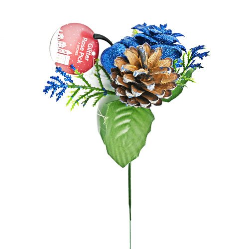 Christmas Glitter Rose Pick Decoration Assorted Colours