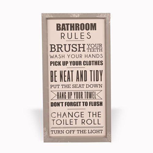 Bathroom Rules Plaque Grey Frame Pick Up Your Clothes