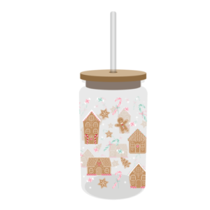Festive Glass Drinking Cup with Straw 480ml Assorted Designs