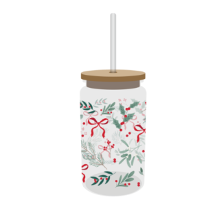 Festive Glass Drinking Cup with Straw 480ml Assorted Designs