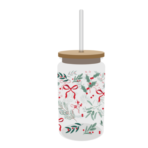 Festive Glass Drinking Cup with Straw 480ml Assorted Designs