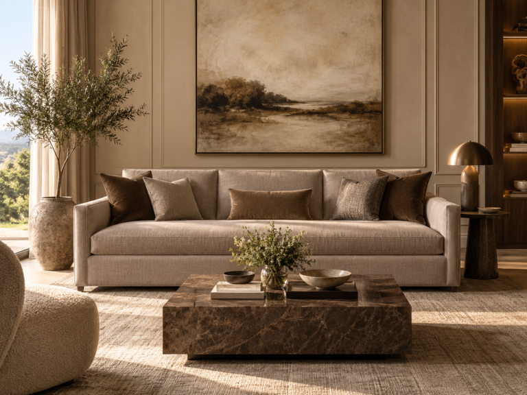Luxury taupe three-seater sofa with brown accents in an elegant warm neutral living room