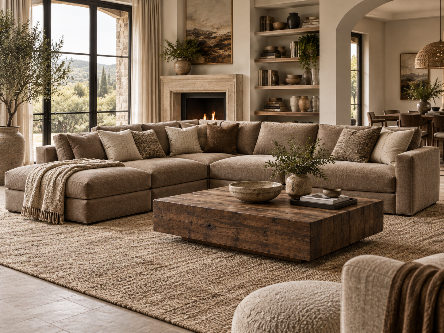 Large warm beige modular sectional arranged in a spacious brown and cappuccino living room
