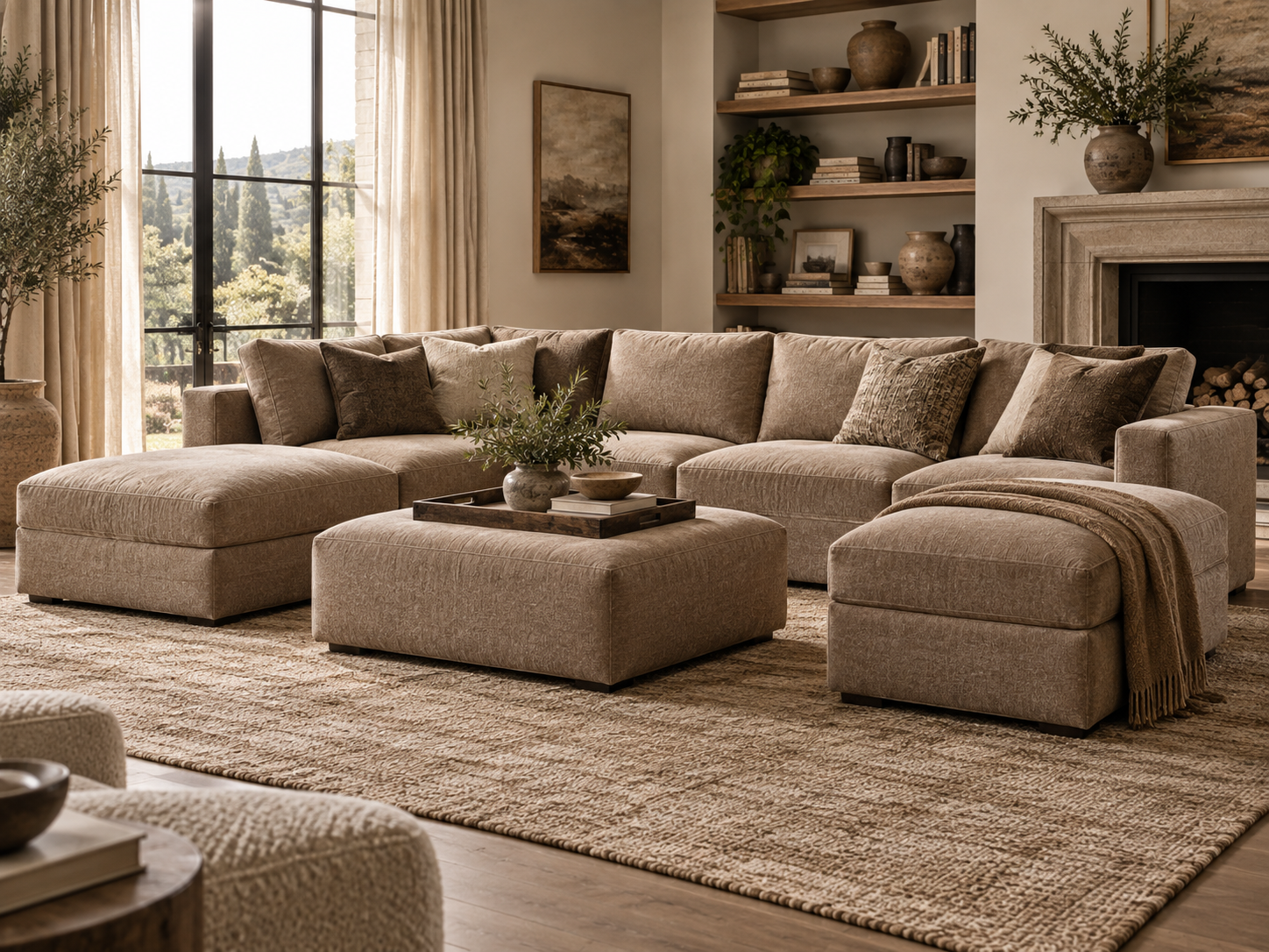 Warm neutral modular sofa configuration with chaise sections in a luxury living room