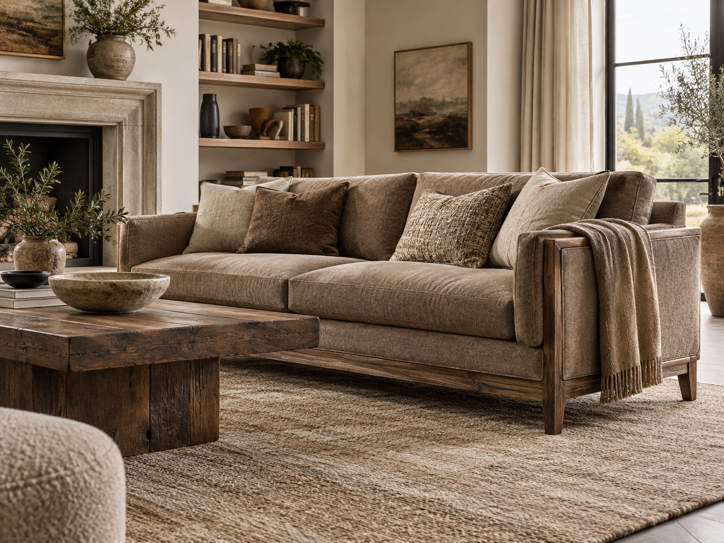 Warm beige and cappuccino living room with upholstered sofa and visible wood frame details