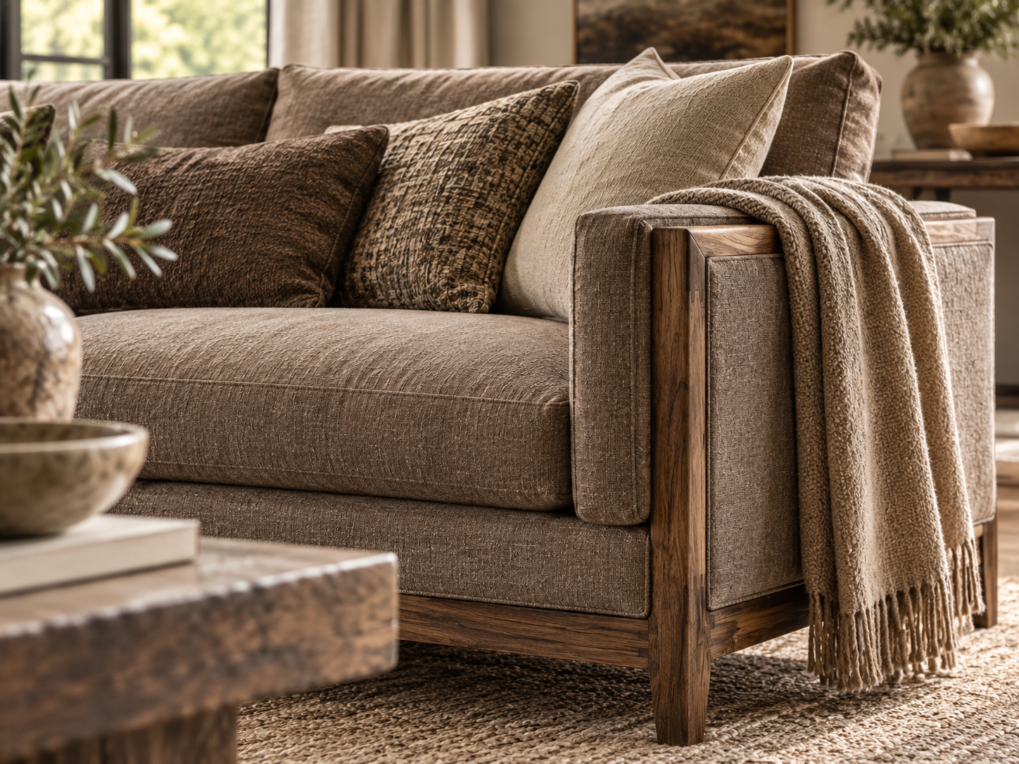 Close-up of taupe sofa arm, cushions and wood frame in warm neutral tones