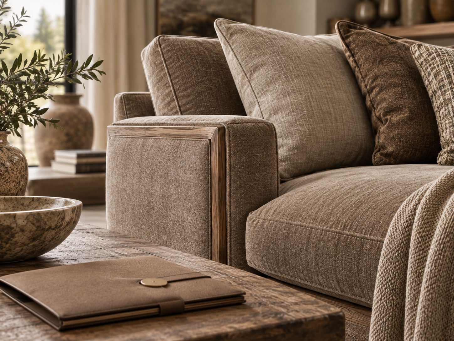Premium taupe sofa in a warm brown and beige living room with rustic coffee table