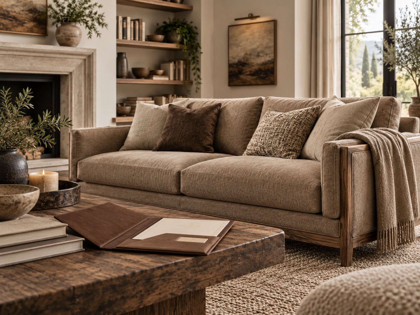 Detailed cappuccino sofa upholstery, cushions and arm construction in a warm interior