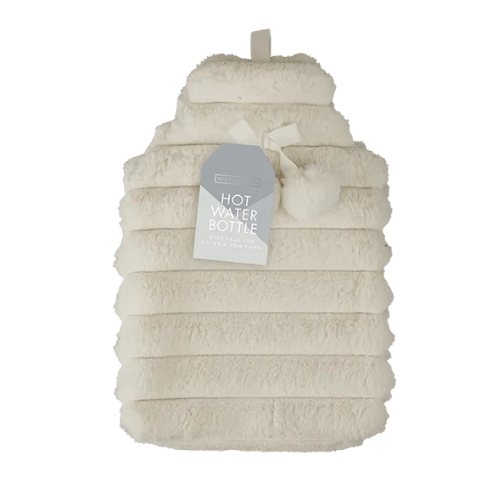 Faux Fur Ribbed Hot Water Bottle with Pom Poms 1.7L