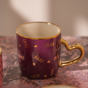 Luxury Heart Handle Ceramic Mug 350ml with Gold Detail & Romantic Print Assorted Styles