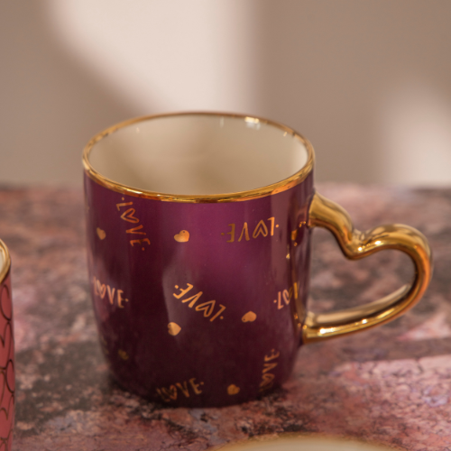 Luxury Heart Handle Ceramic Mug 350ml with Gold Detail & Romantic Print Assorted Styles