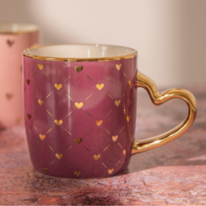 Luxury Heart Handle Ceramic Mug 350ml with Gold Detail & Romantic Print Assorted Styles