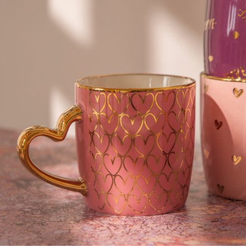 Luxury Heart Handle Ceramic Mug 350ml with Gold Detail & Romantic Print Assorted Styles