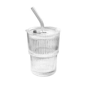 Ribbed Glass Cup With Straw and Lid 360ml