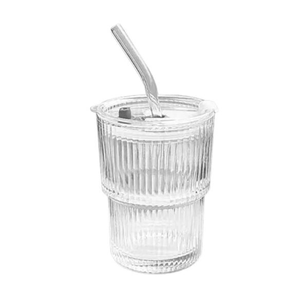 Ribbed Glass Cup With Straw and Lid 360ml