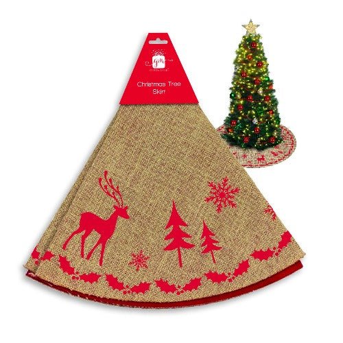 Hessian Christmas Tree Skirt Reindeer Print 78cm
