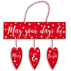Merry & Bright 3 Hanging Hearts Plaque Christmas Decoration