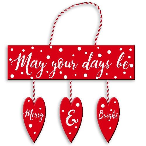 Merry & Bright 3 Hanging Hearts Plaque Christmas Decoration