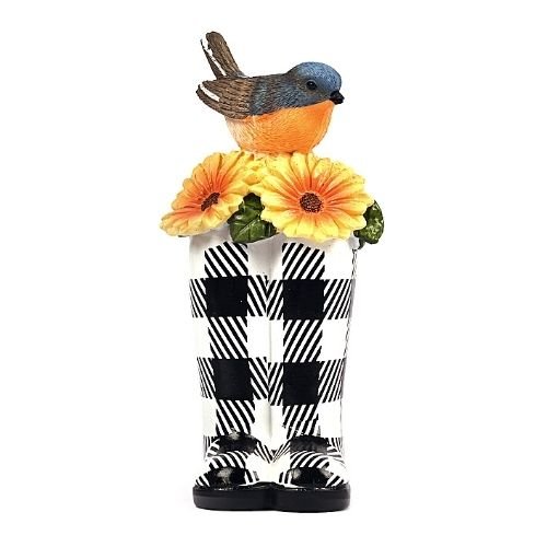 Bird On Checkered Wellingtons Garden Ornament Assorted Colours