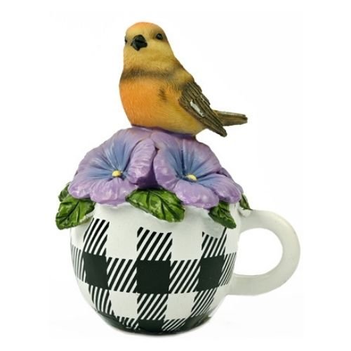 Novelty Bird Checkered Tea Cup Garden Ornament Assorted Colours