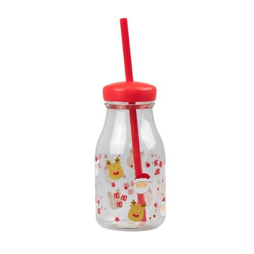 Kids Christmas Plastic Milk Jar & Straw Assorted Designs