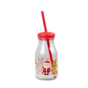 Kids Christmas Plastic Milk Jar & Straw Assorted Designs