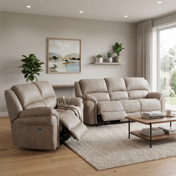 Claton Fabric Electric Recliner 3+2 Seater Sofa Set in Stone