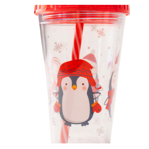Christmas Cup with Straw Penguin & Snowman Designs