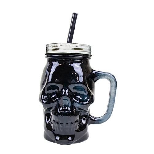 Halloween Skull Jar With Lid & Straw Assorted Designs