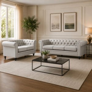 Hertford Chesterfield Faux Leather 3+2 Seater Sofa Set in Light Grey