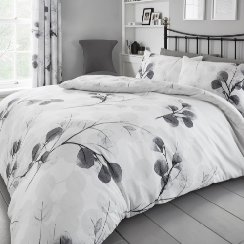 Honesty Leaf Printed Duvet Cover Set Grey Double Size Botanical Bedding