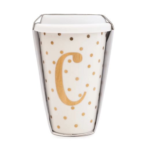 Initial White & Gold Travel Mug C Gold 15cm