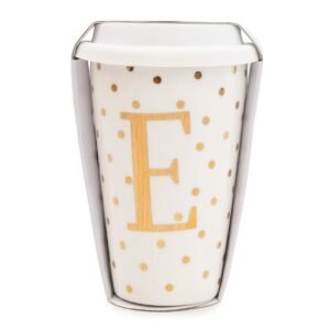 Initial White & Gold Travel Mug E Gold 15cm