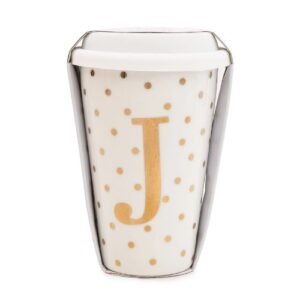 Initial White & Gold Travel Mug J Gold 15cm