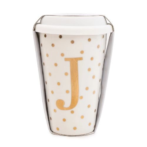 Initial White & Gold Travel Mug J Gold 15cm