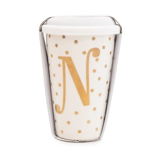 Initial White & Gold Travel Mug N Gold 15cm