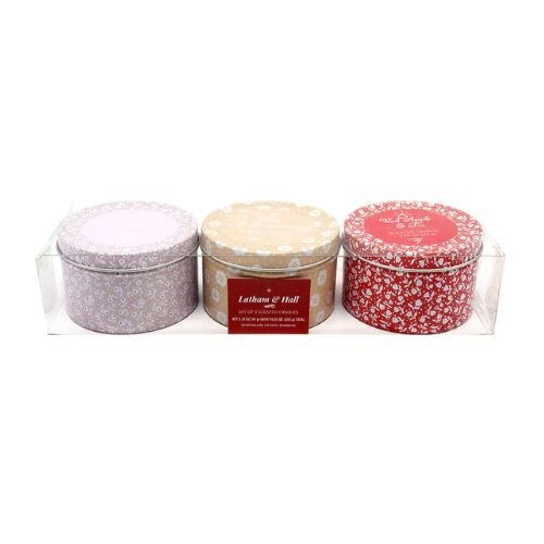 Latham & Hall Set of 3 Scented Tin Candles – Vintage Linen, Red Apple & Fig, Rose