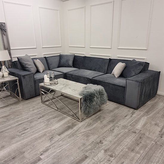 Marsett Velvet Corner Sofa In Steel