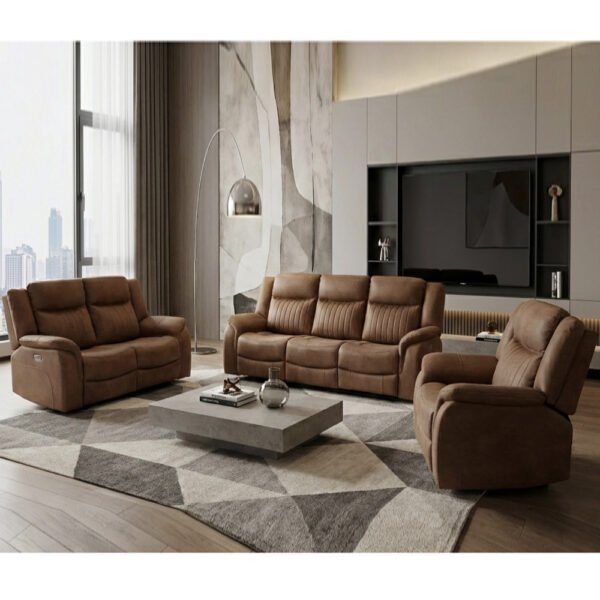 Morlix Fabric Electric Recliner Sofa Suite in Tan