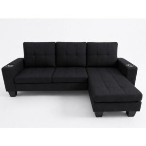 Sutton Fabric Corner Sofa with Cupholder in Black